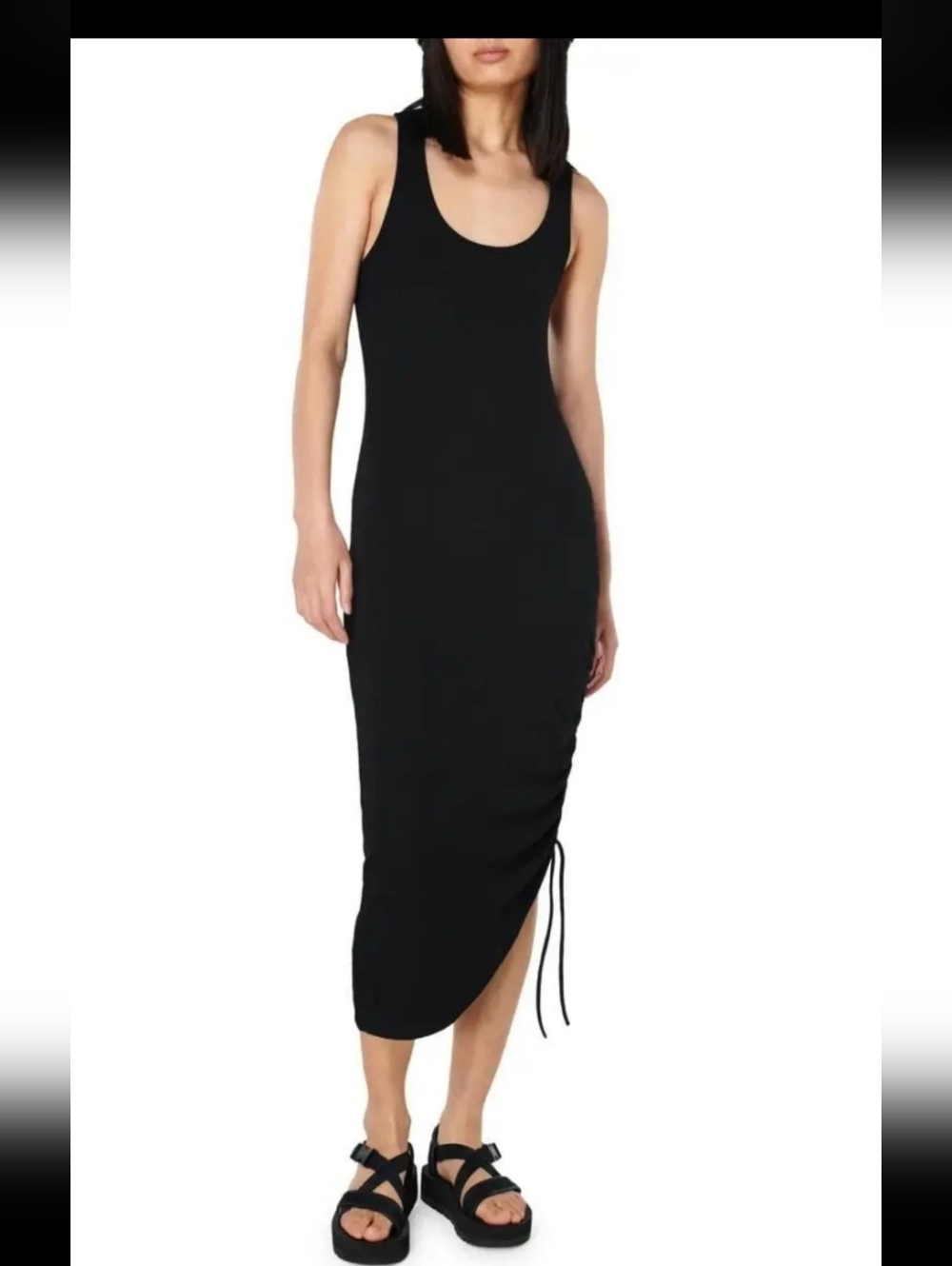 NWT Sweaty Betty Drift Ruched Midi Dress Black Ribbed Anthro Size Small